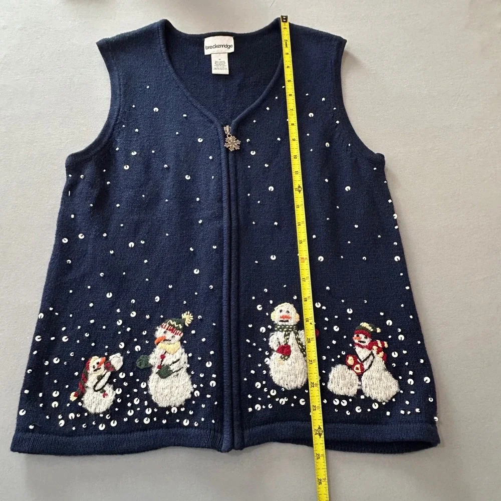 Vintage Breckenridge Navy Blue Snowman‎ Sequin Zip Up Vest Women's Medium